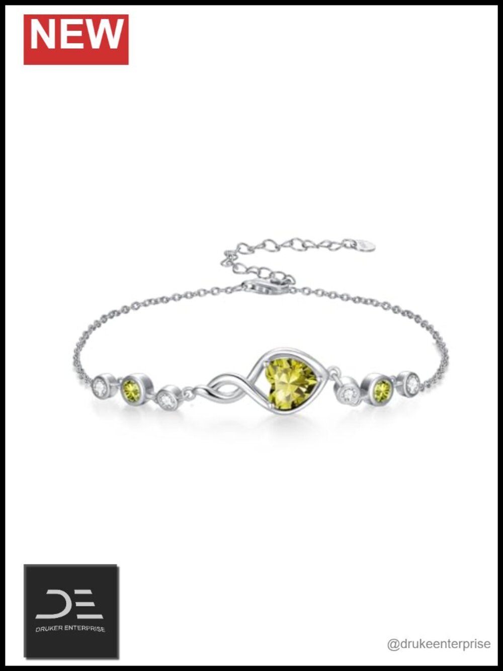 925 Sterling Silver Peridot Infinity Heart Bracelet